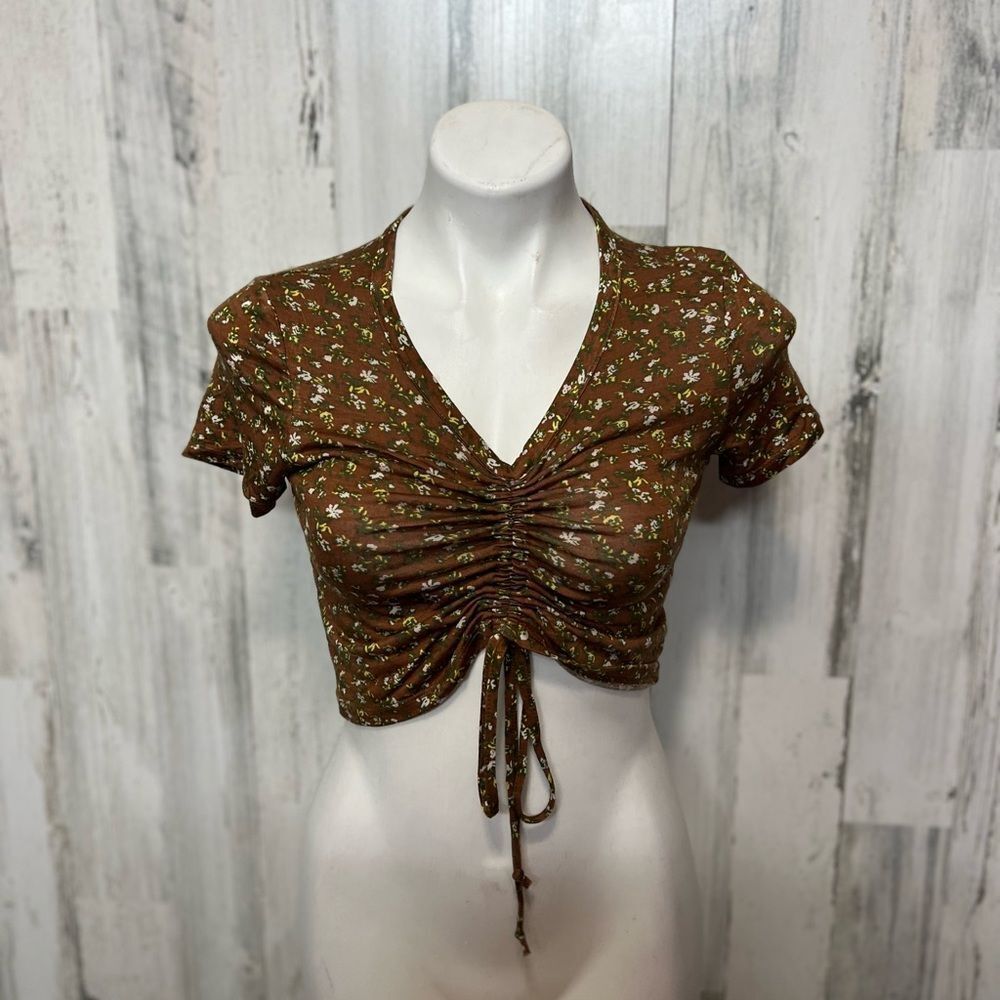 Honey Belle Brown Floral Ruched Drawstring Crop Top Women’s Small